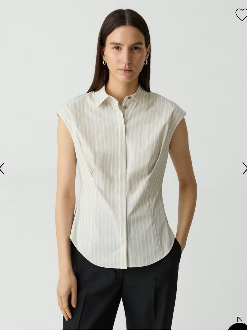 Theory Cinched Cap Sleeve Shirt Striped Cotton Blend Beige White Size M